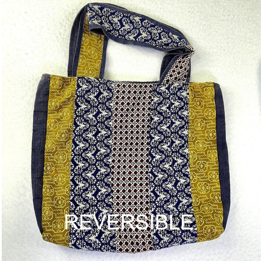 Homemade Large Reversible Tote Bag‎ Womens  Multi Patchwork Boho Cotton Pockets